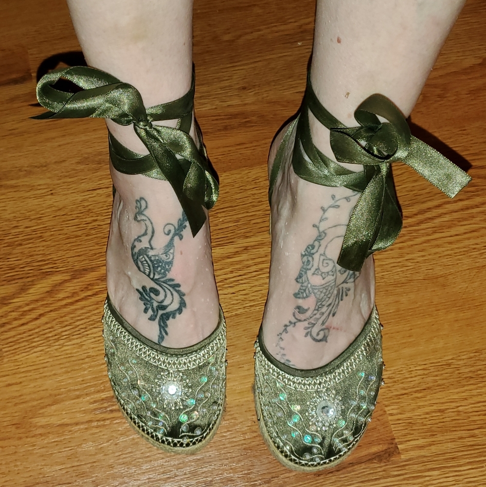 Green lace up Espadrilles wedge